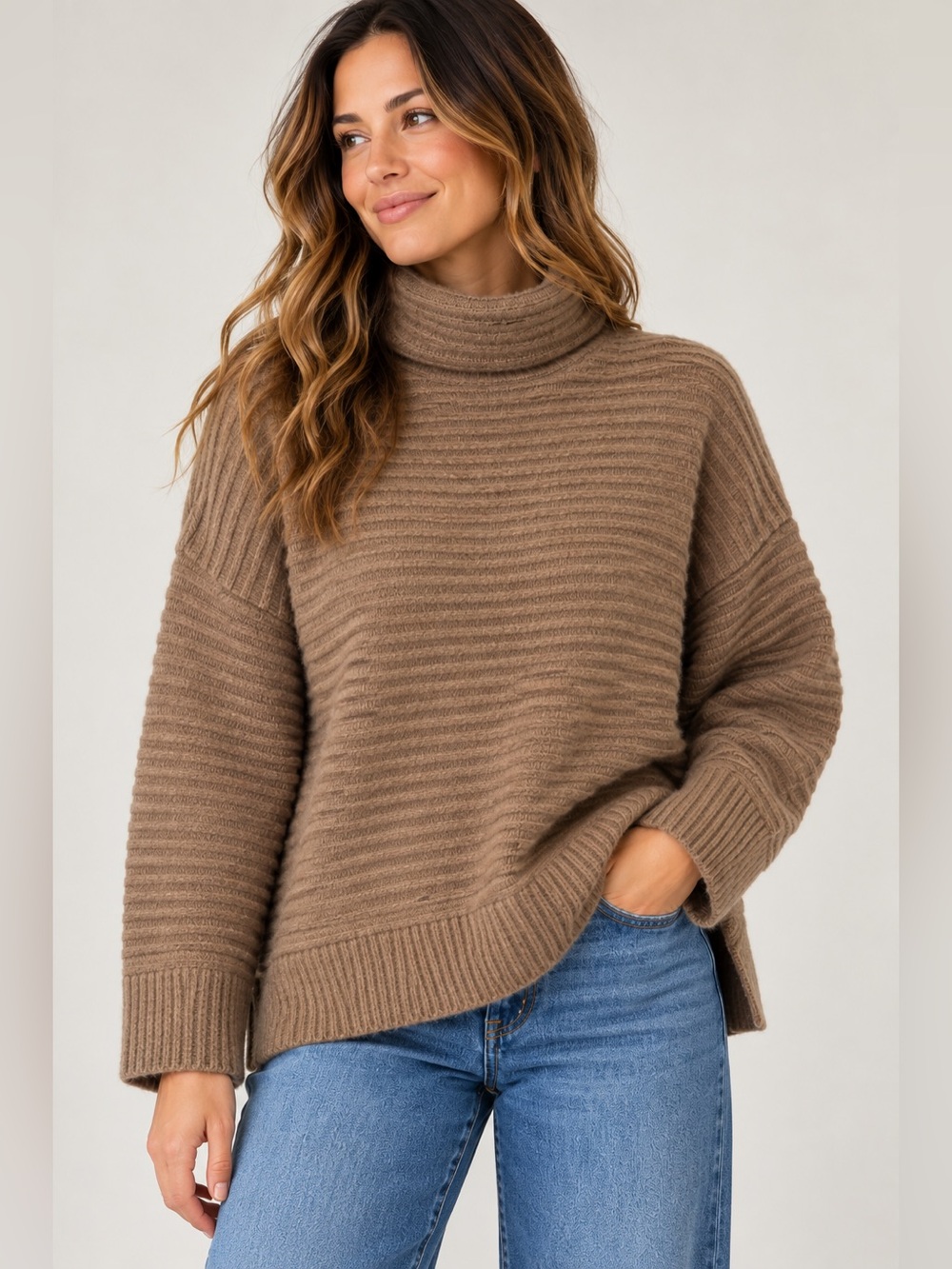Madewell Brown Ribbed Turtleneck Oversized Wool Blend Sweater Size M